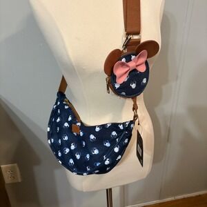 NWT Disney Minnie Mouse Denim Blue, White, Brown Crossbody Purse w/ Coin‎ Purse